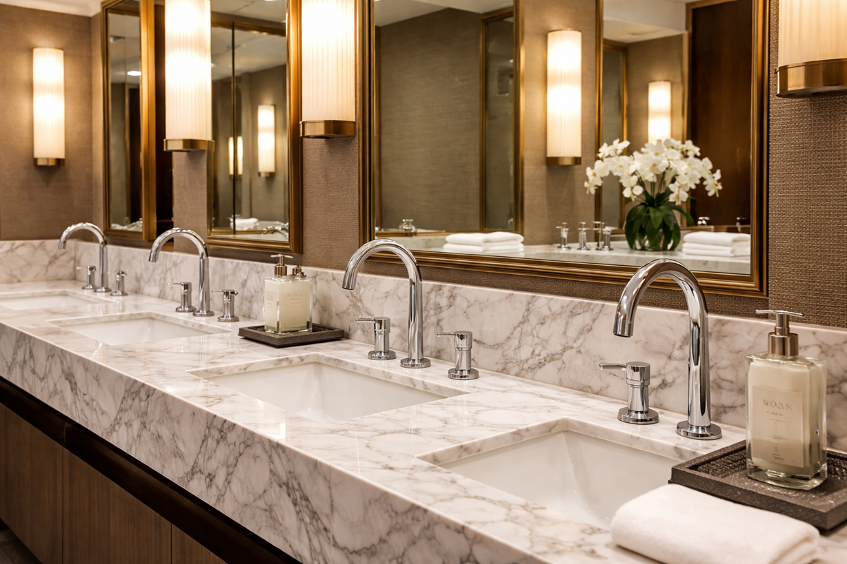 Luxury hotel restroom with coordinated fixtures